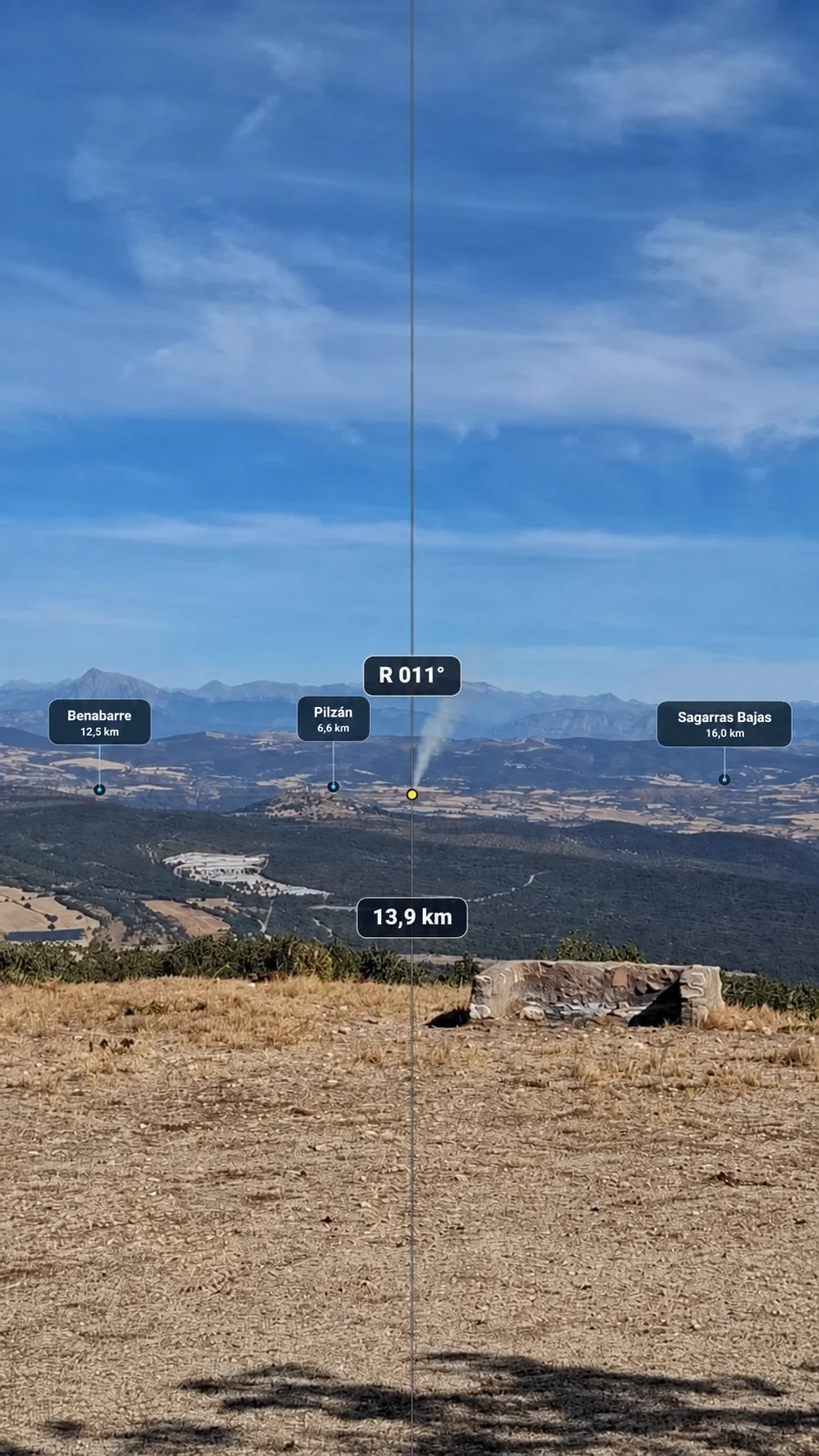 Captura limpia de campo guardada desde VISTA con rumbo, distancia y poblaciones